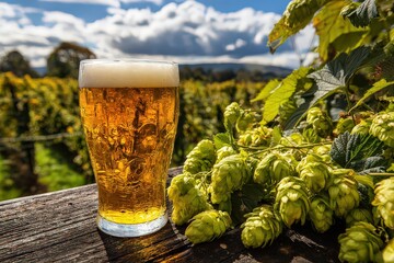 Glass of Light Beer with Fresh Hops Outdoors