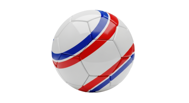 A white soccer ball with red and blue stripes curving around it, set against a plain white background.