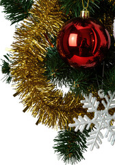 Extreme macro close-up of a luxurious artificial christmas tree section with gold tinsel, red bauble, and silver snowflake, festive luxury concept