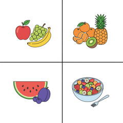 Set of Assorted Fruits and Fruit Salad Vector Illustrations