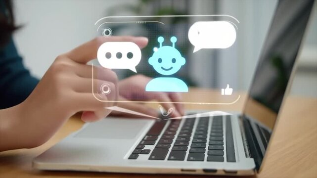 User interacting with AI chatbot assistant on a laptop's holographic display. 