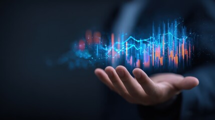 businessman holding digital financial chart and growth analytics in hand futuristic data interface concept