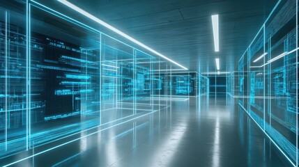 Abstract Virtualization Room With Glowing Blue Lines and Lights