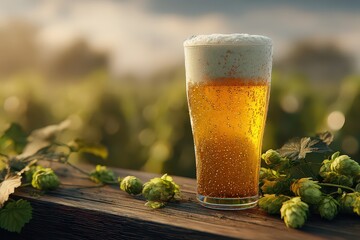 Golden Beer in a Glass on Wooden Surface with Hops
