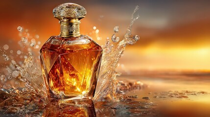 Golden Amber Perfume Bottle Splashing Water At Sunset