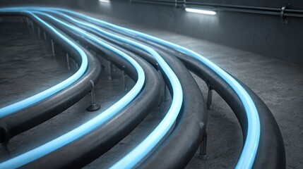 Abstract view of illuminated fiber optic cables in a tunnel