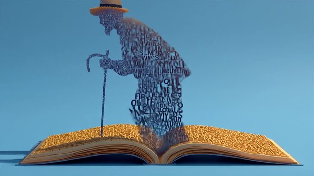 Conceptual artwork of a person made of words with open book background