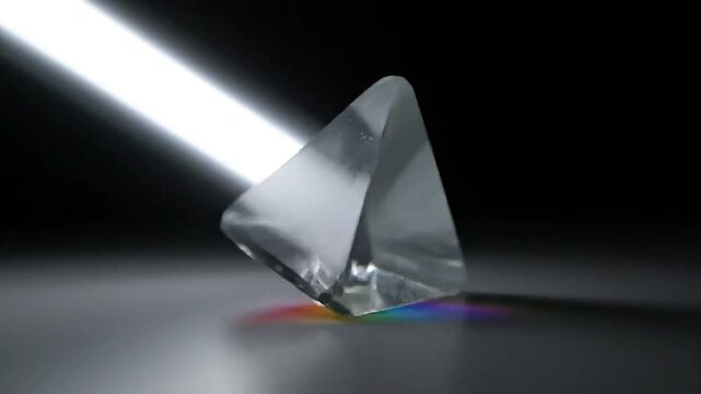 Light beam refracting through a glass prism, casting a rainbow spectrum on a dark surface.