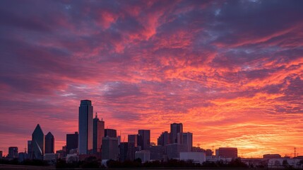 Stunning photo of beautiful sunrise over the dallas skyline with vibrant colors in the sky.