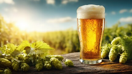Golden Beer in a Glass with Fresh Hops Outdoors