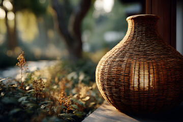 Close-up of a wicker lamp with a blurred garden background