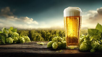 Golden Beer in Glass with Hops on Rustic Wood Outdoors