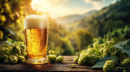 Golden Beer in Glass with Fresh Hops Outdoors