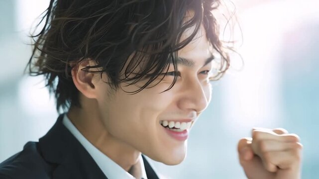 Japanese  handsome asian man celebrating success in business with a big smile face
