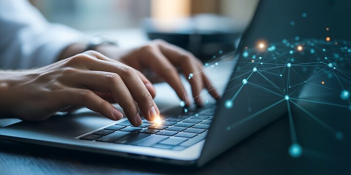 Hands typing on laptop keyboard with abstract network connection visualization