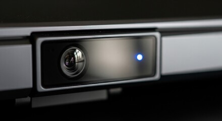 Obraz premium Essential laptop camera lens with glowing indicator for video calls and online meetings