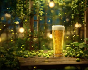 Golden Beer in Tall Glass Surrounded by Lush Green Hops Under Fairy Lights