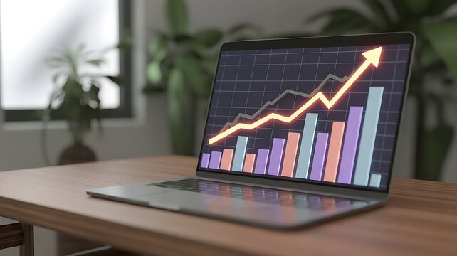 Laptop displaying a stock market graph with an upward trend and growth
