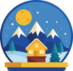 Cozy winter cabin nestled amongst snowy mountains under a full moon