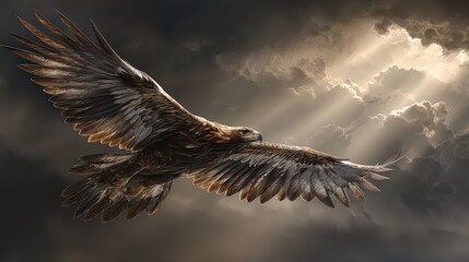 Golden Eagle in Flight Through Dramatic Cloudscape