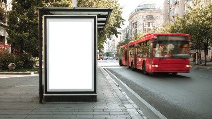 Stunning photo of blank billboard at bus stop with red bus in motion on the street.