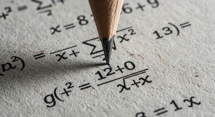Close-up of a pencil solving complex mathematical equations on paper, symbolizing education and academic challenges