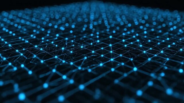 Abstract digital network of glowing blue nodes and connections symbolizing data flow and technology.