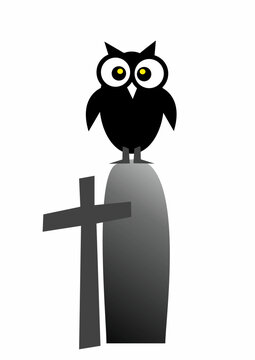 Halloween, owl on tombstone, cemetery, vector illustration