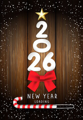 2026 New Year loading greeting card with paper numbers, red bow and xmas star. Holiday design for New Year party poster or calendar cover. Vector illustration
