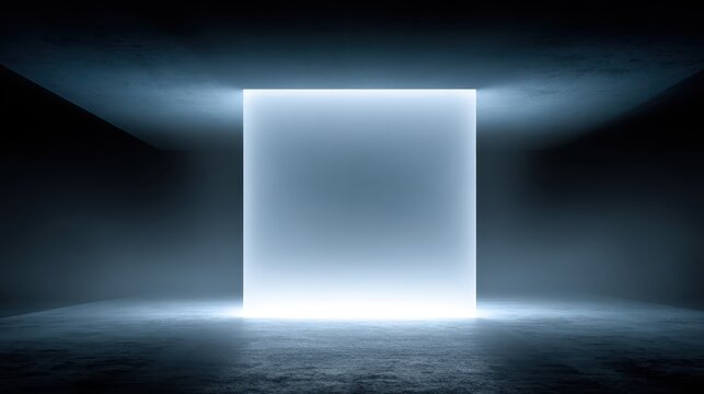 An abstract scene with a glowing light square in dark space