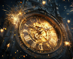 Fototapeta premium Golden clock tower with gears and fireworks at midnight