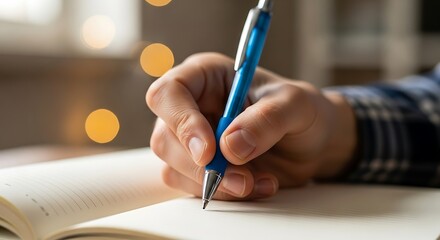 Hand writing notes with blue pen