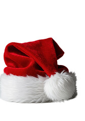 Luxurious deep crimson red Santa hat, ultra-fluffy white trim, oversized pom-pom, isolated on transparent, ultra close-up macro studio shot, emphasis on tactile softness. Festive seasonal item
