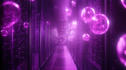 Data Servers in a Futuristic Glowing Purple Corridor