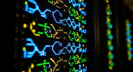 Vibrant blue and purple LED lights arranged in a precise pattern on an electronic circuit board, showcasing modern digital technology