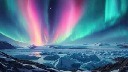 Aurora borealis over glacial landscape
