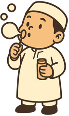 Muslim Boy Cartoon Blowing Bubbles | Cute Islamic Kid Illustration