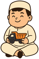 Muslim Boy Cartoon Playing with Toy Truck | Cute Islamic Illustration