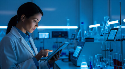 Female Scientist Working in Modern Laboratory with Digital Tablet
