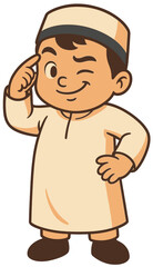 Muslim Boy Winking Cartoon | Cute Islamic Kid Character Illustration