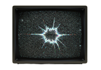 Extreme macro of vintage TV screen with dynamic, violent static, a pulsating rupture revealing molten pixel core, on transparent, raw digital energy concept