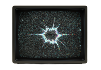 Extreme macro of vintage TV screen with dynamic, violent static, a pulsating rupture revealing molten pixel core, on transparent, raw digital energy concept