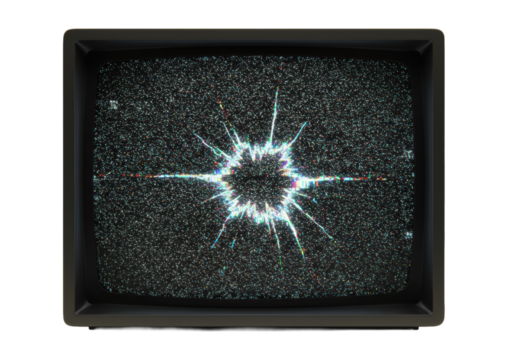 Extreme macro of vintage TV screen with dynamic, violent static, a pulsating rupture revealing molten pixel core, on transparent, raw digital energy concept