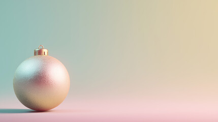 A single glowing Christmas ornament ball, placed on the left side of a soft pastel background