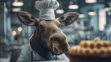 Surreal image of a moose dressed as a professional chef, standing in a modern kitchen with a pastry in the foreground. Funny and creative food parody