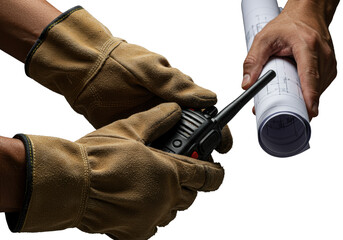 Strong, weathered asian construction worker hands: one gloved, pressing walkie-talkie; other unrolling blueprint. Macro on transparent background with dramatic studio light. Concept of manual labor