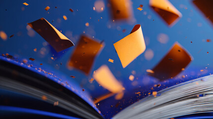 Open book with pages suspended mid-flight, evoking themes of creativity, transformation, and the power of ideas in motion