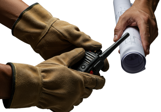 Strong, weathered asian construction worker hands: one gloved, pressing walkie-talkie; other unrolling blueprint. Macro on transparent background with dramatic studio light. Concept of manual labor