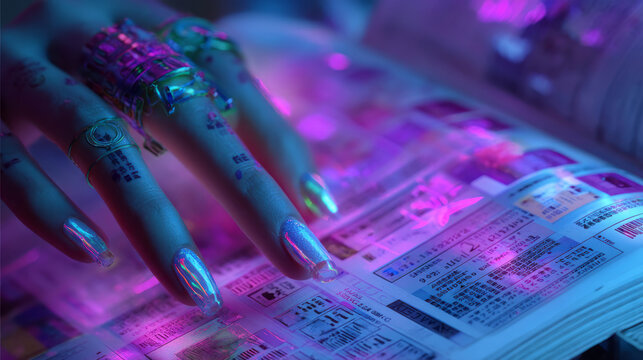 Cyberpunk-inspired hand with iridescent manicure and accessories placed on a neon-lit page with Japanese text and barcodes