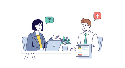 Human resources manager conducting a job interview with a candidate, discussing qualifications, resume, and potential career growth